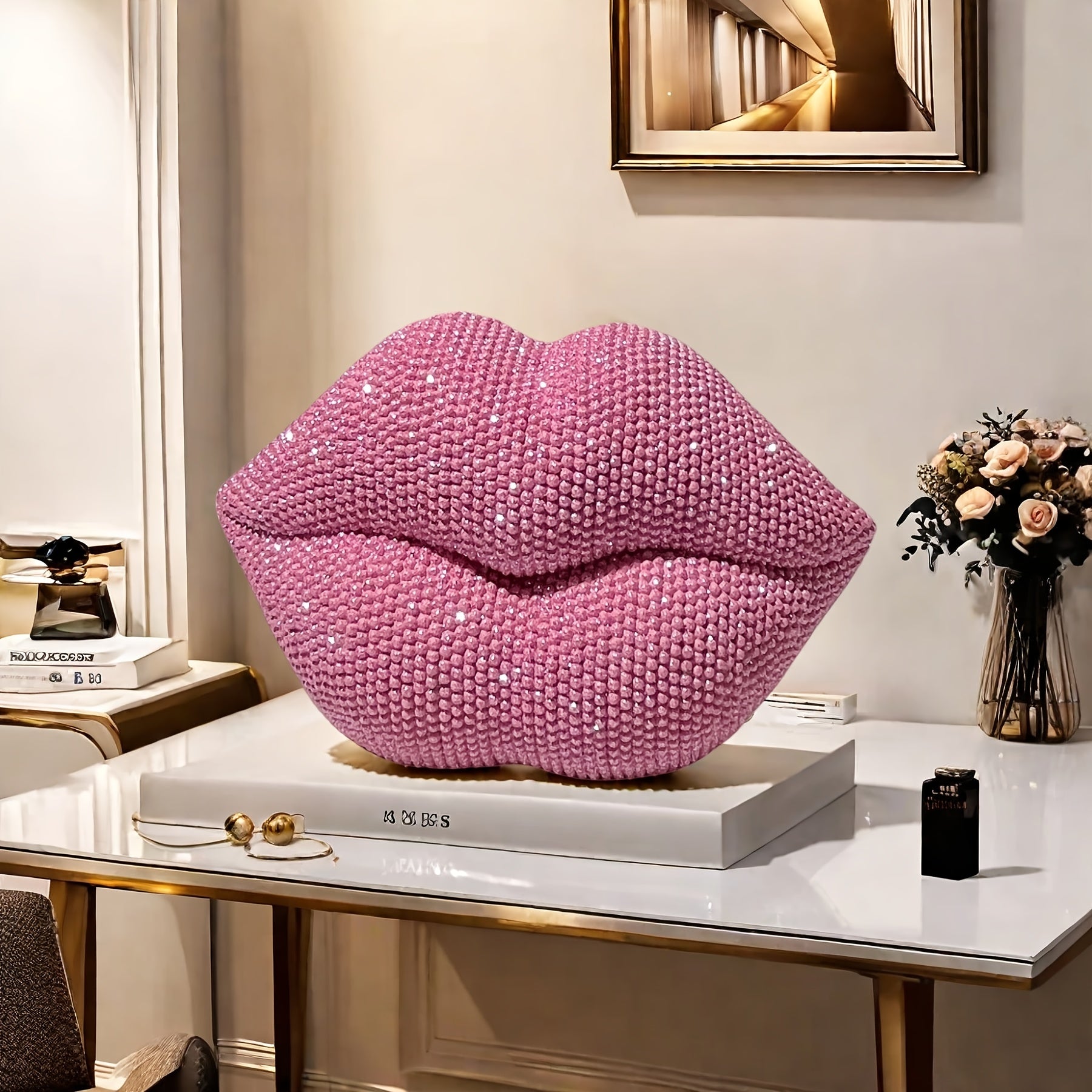 1pc Pink Beaded Lips Statue Decor – Resin Love-Themed Art for Home, Office, Bedroom, Bar, Hotel, Bathroom – Perfect for Weddings, Valentine’s Day, and Romantic Gifts, Indoor Decoration | Beaded Texture | Sleek Finish, P